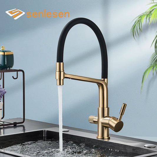Brushed Golden Kitchen Sink Faucet Pure Water Filter Mixer Crane Dual Handle Pull Down Purification Kitchen Hot Cold Water Tap