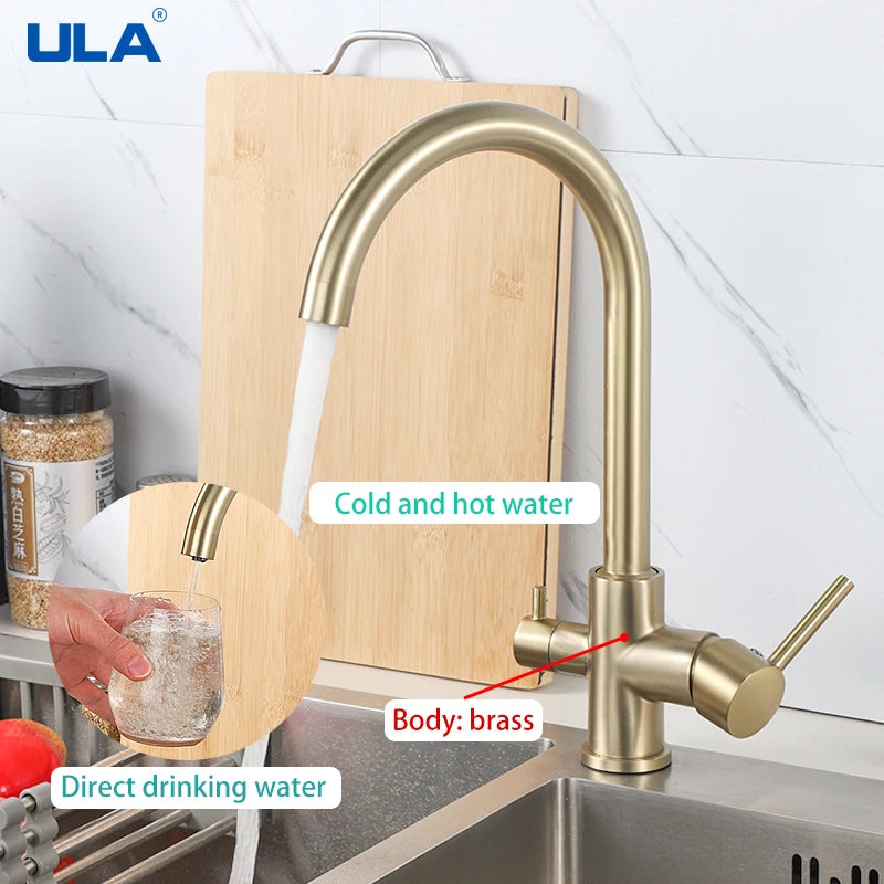 ULA Filtered Kitchen Faucet Gold Purifier Faucet Dual Sprayer Drinking Water Mixer Tap Nozzle Brass Kitchen Sink Mixer Torneira
