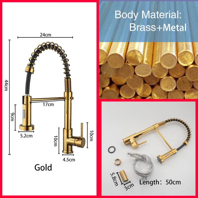 Brass Pull Out Spring Kitchen Faucet Kitchen Sink Mixer 360 Degree Rotating Stream Sprayer Nozzle Mixer Hot Cold Water Crane tap