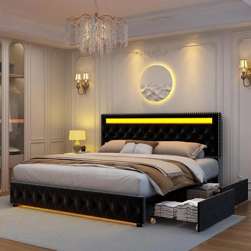 Queen Led Bed Frame with 4 Storage Drawers and Smart Control LED Lights