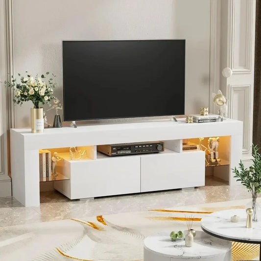 Modern LED TV Stand for Televisions up to 70 Inch with Glass Shelves and Drawer