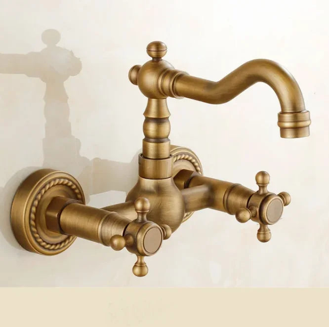 Antique brass ceramic into the wall faucet bathroom washbasin basin wall mount double handle cold and hot water faucet