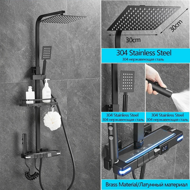 Brass Shower Faucet Thermostatic,Shower Syetem,30cm Spray Head, Digital Display LED,Bathroom Faucet,Black/Chrome