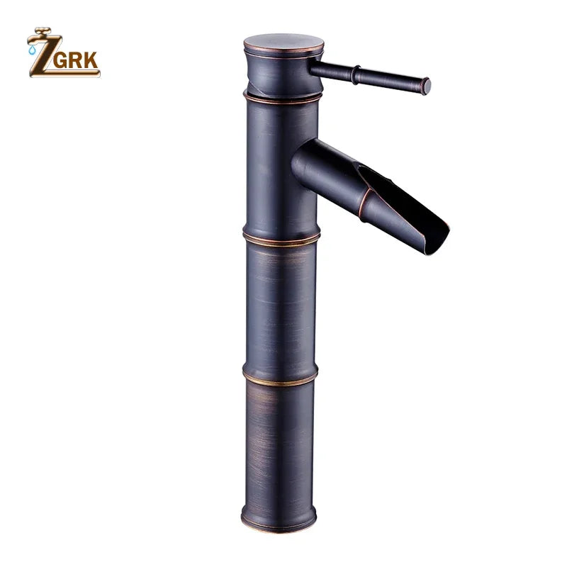 ZGRK Black Waterfall Bathroom Sink Faucet Vessel Tall Bamboo Water Tap Retro Brass Basin Faucets Single Hole Sink Mixer Tap