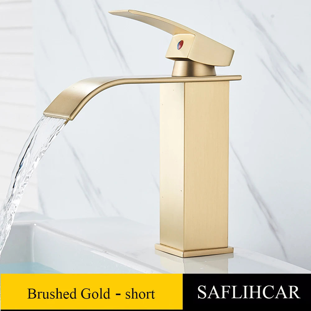 Brushed Gold Basin Sink Faucet Waterfall Outlet Vanity Hot Cold Mixer Tap Deck Mount Taps Washbasin Faucet for Bathroom