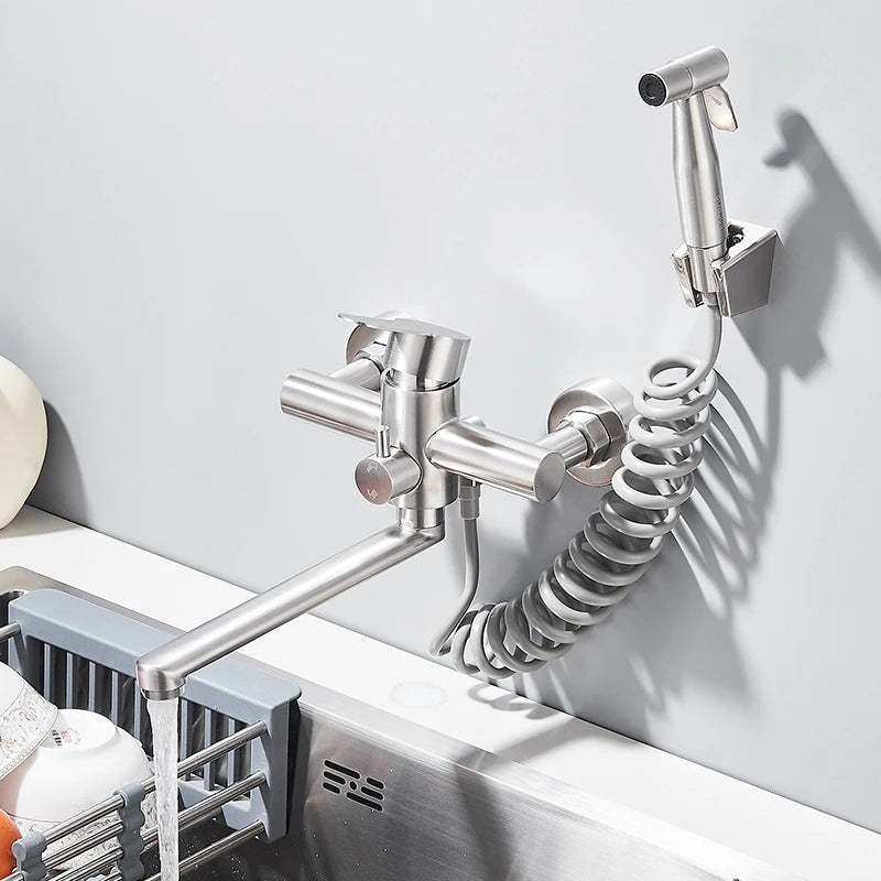 Wall Mount Kitchen Faucet Stainless Steel 360 Rotate Spout Bathroom Basin Faucet Hot and Cold Water Dual Hole with Sprayer Head