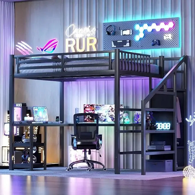 Full Size Loft Bed with Stairs and Desk Metal Loft Bed with LED Light and Charging Station