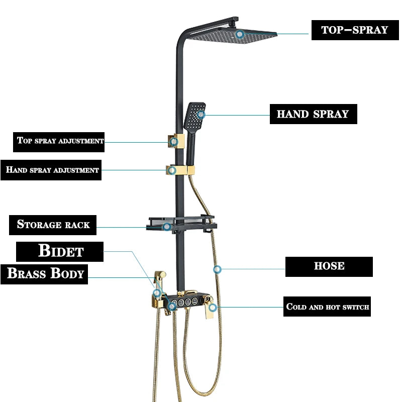 Black Gold Brass  Rainfall Shower Faucet Set Stainless Steel Liftable Shower Hot Cold Mixed Water Bathtub Mixer System