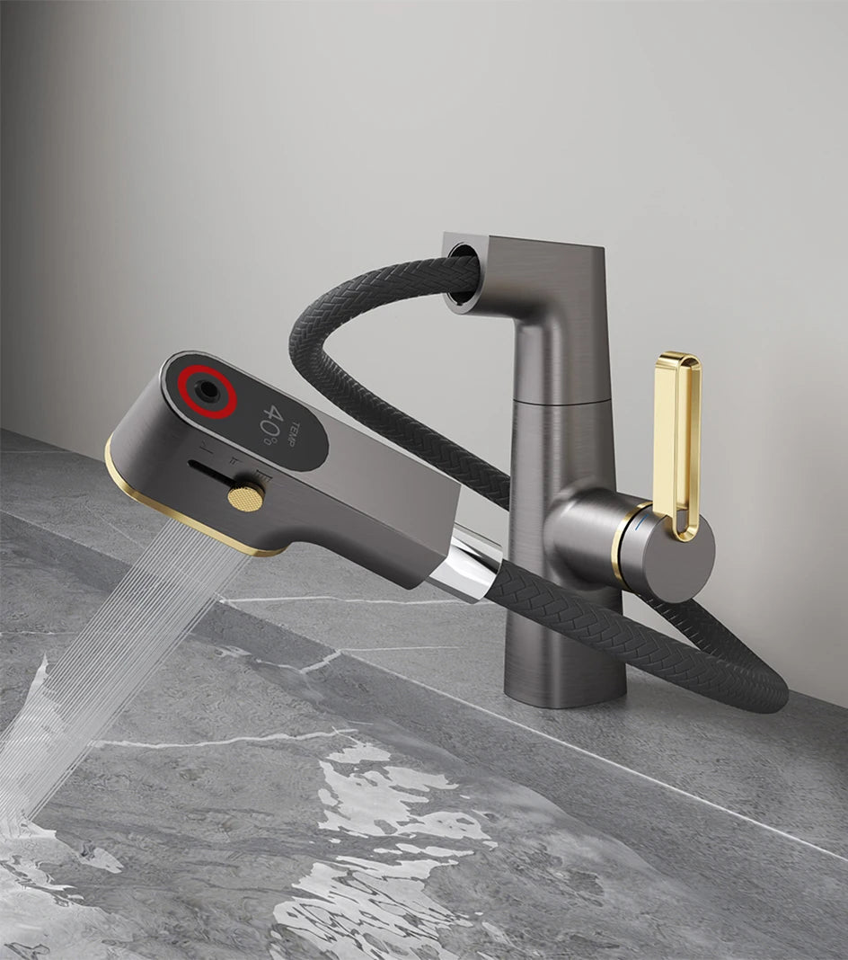 VGX Multifunctional Bathroom Faucets Pull Out Basin Mixer Sink Faucet Gourmet LED Temperature Tap 360° Tapware Crane Brass White