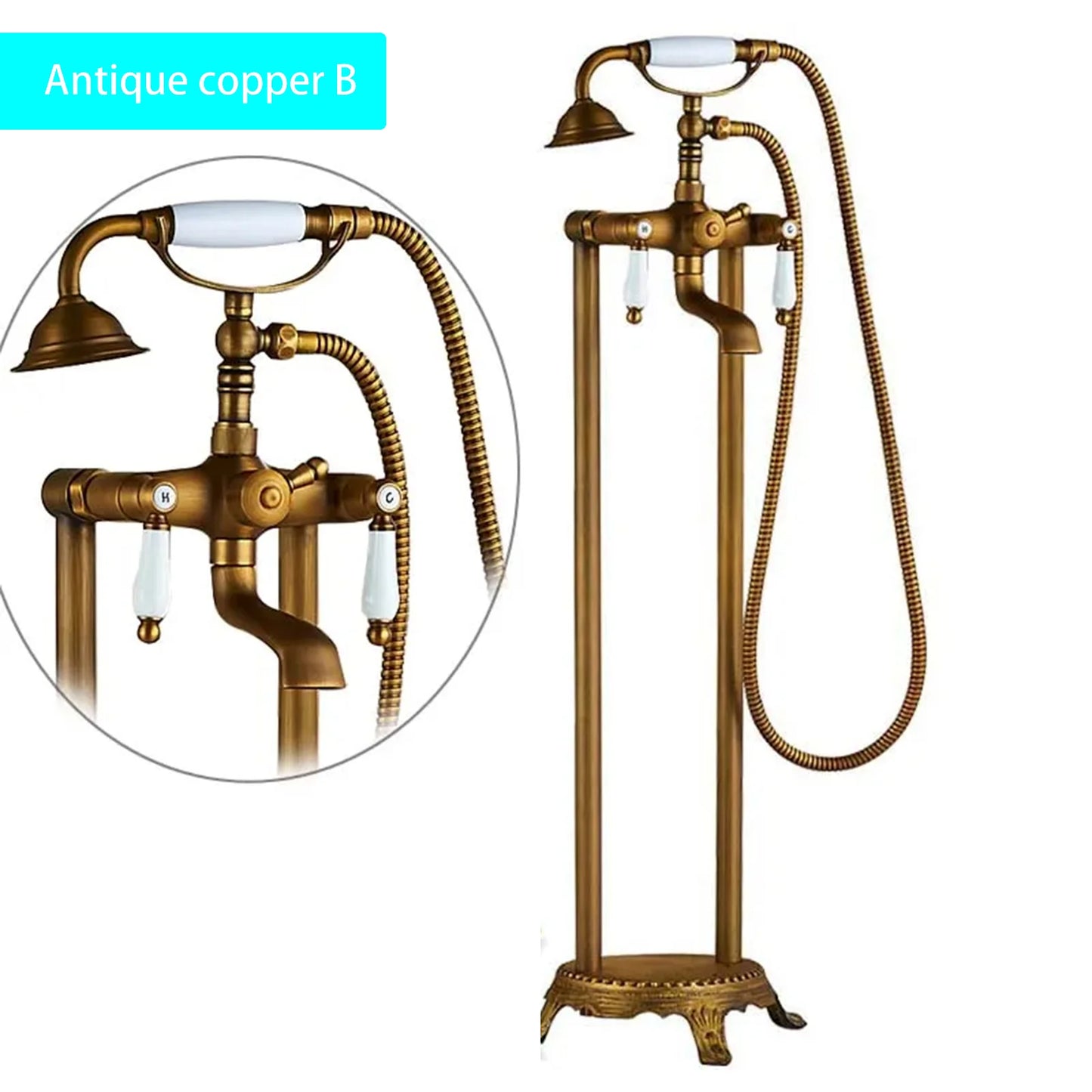 Floor Standing Double Tube Double Handle Bathtub Faucet Set for Bathroom With Rainfall Handshower Tub Faucet Freestanding Crane