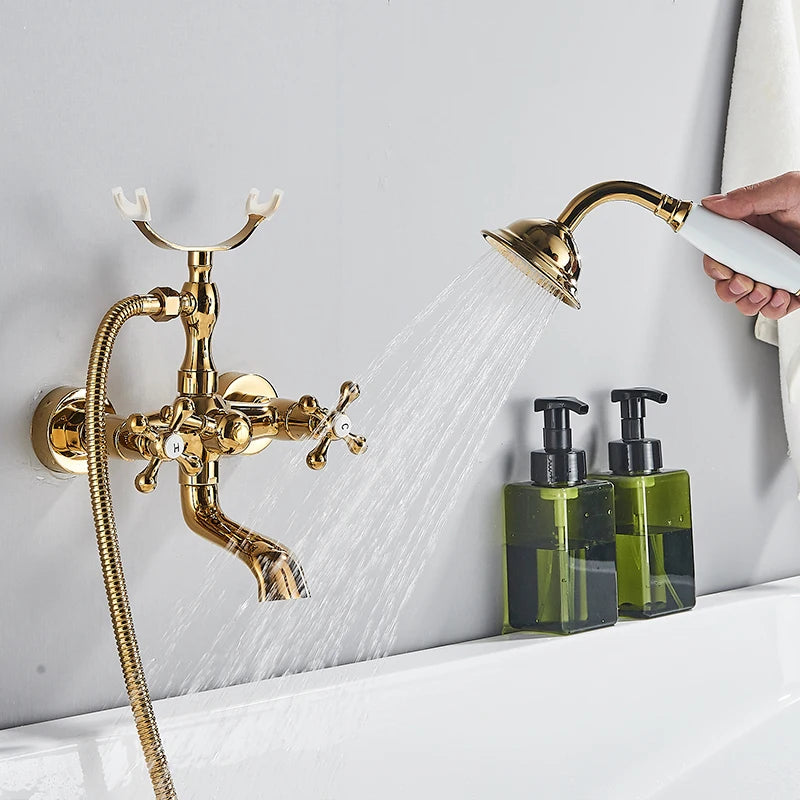 Retro Antique Brass Black Bronze Bathtub Shower Faucets Set Dual Knobs Mixer Tap Wall Mounted Bath Shower Set Swivel Tub Spout