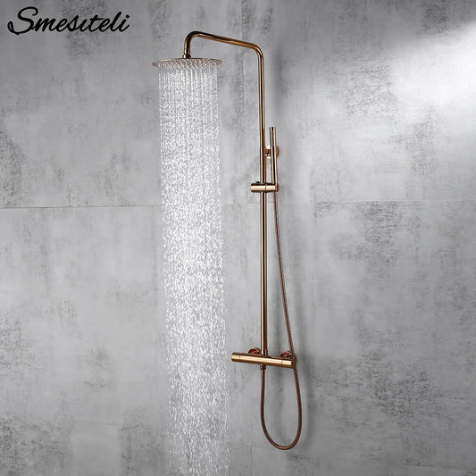 Rose Gold Thermostatic Shower Falcet Sets Wall Mount Brass Bathroom Blend Rainshower Falcet Rainfall Shower Tap Thermostat Systems