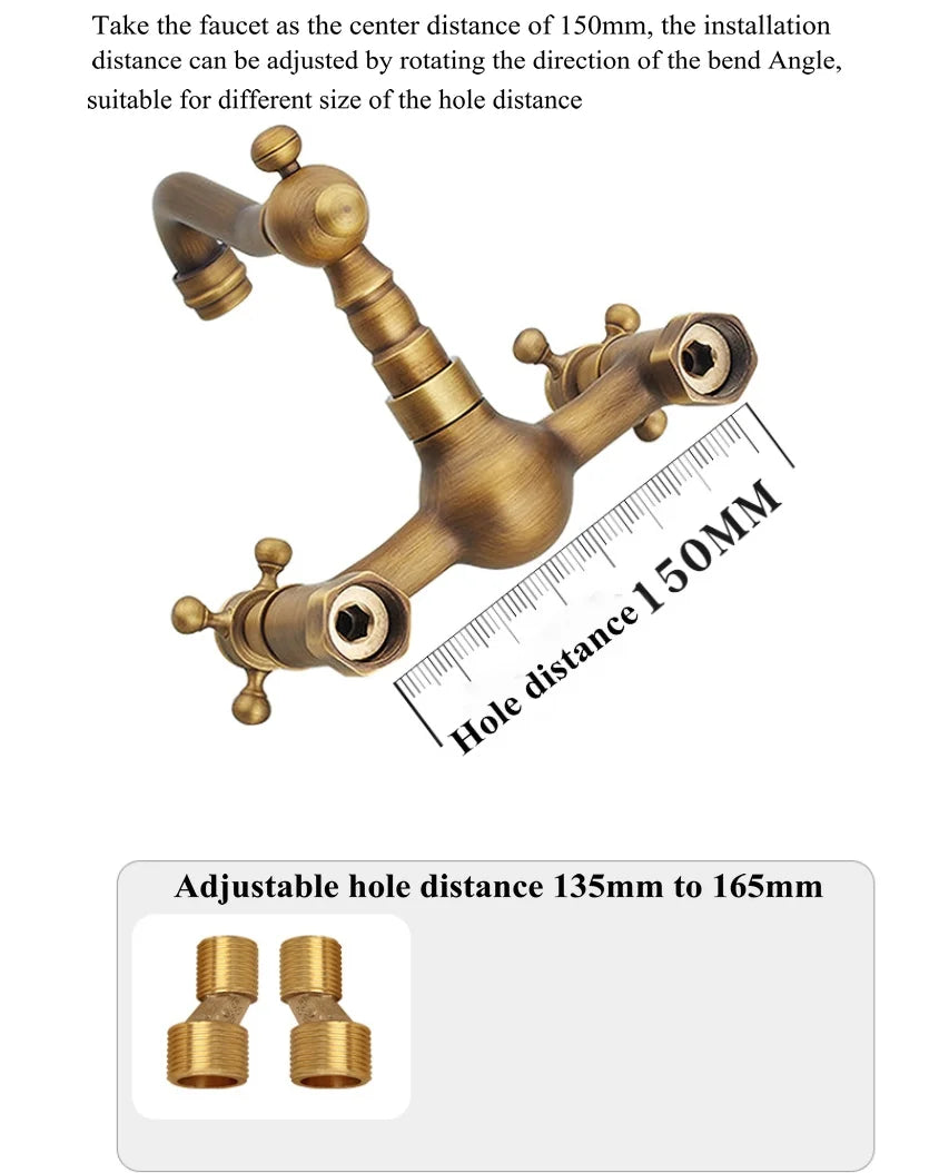 Antique brass ceramic into the wall faucet bathroom washbasin basin wall mount double handle cold and hot water faucet
