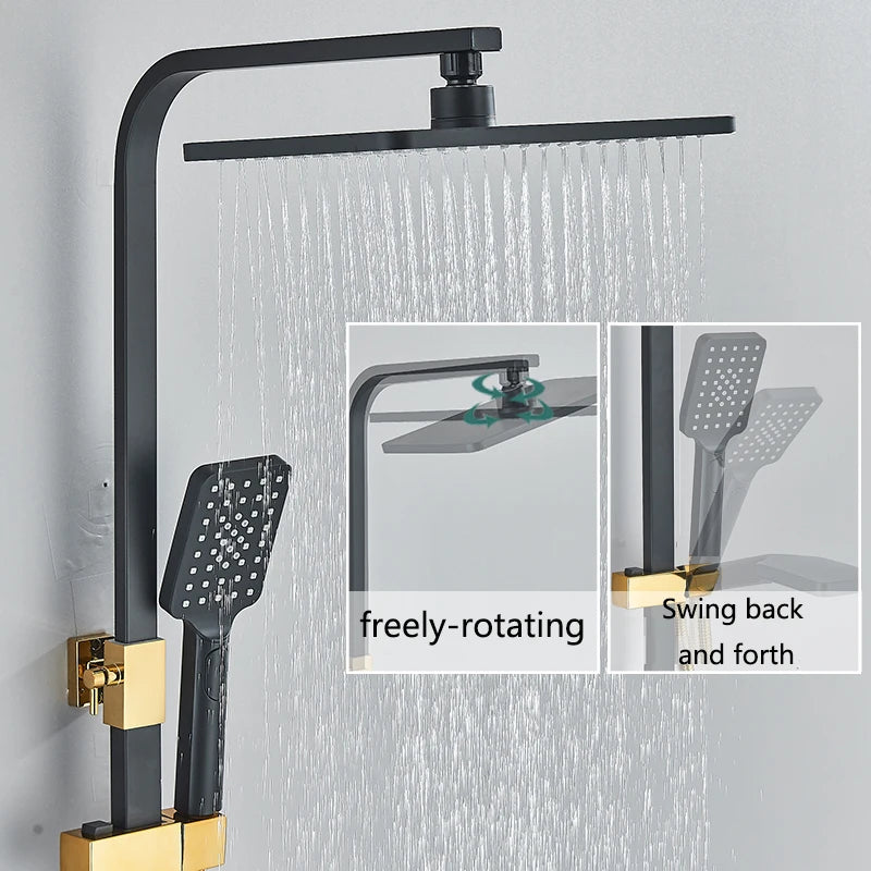 Black Gold Brass  Rainfall Shower Faucet Set Stainless Steel Liftable Shower Hot Cold Mixed Water Bathtub Mixer System