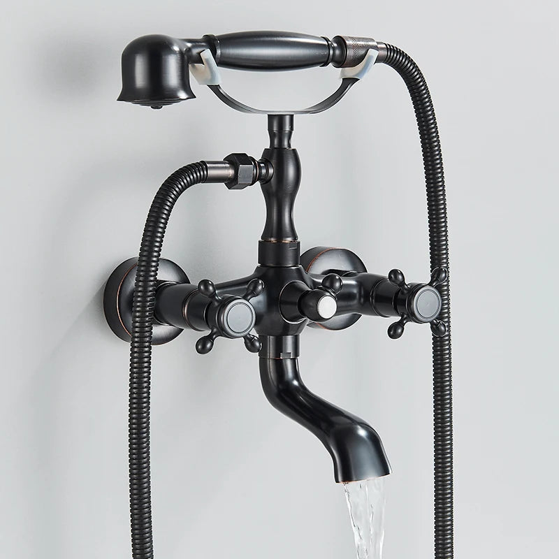 Retro Antique Brass Black Bronze Bathtub Shower Faucets Set Dual Knobs Mixer Tap Wall Mounted Bath Shower Set Swivel Tub Spout