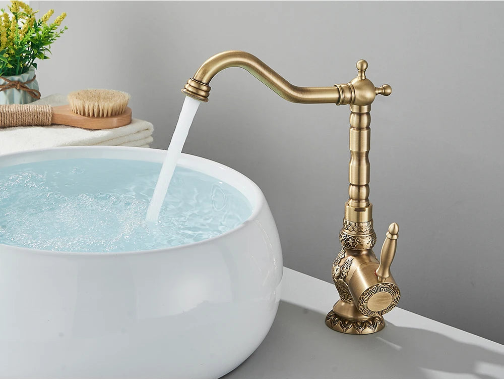 POIQIHY Basin Faucets Antique Brass Faucet Basin Carving Tap Rotation Single Handle Tap  Mixer Taps Bathroom Vessel Sink Faucet