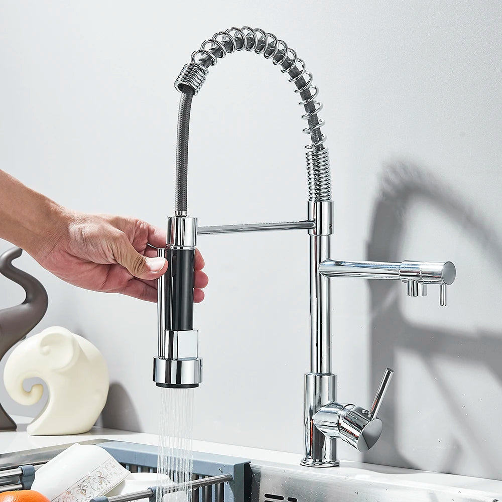 Matte Black Removable Gourmet Kitchen Faucet Double Spout Rotatable Deck Mount Single Handle Cold Hot Water Mixer Kitchen Crane