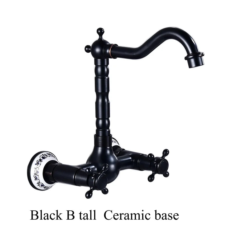 Antique brass ceramic into the wall faucet bathroom washbasin basin wall mount double handle cold and hot water faucet