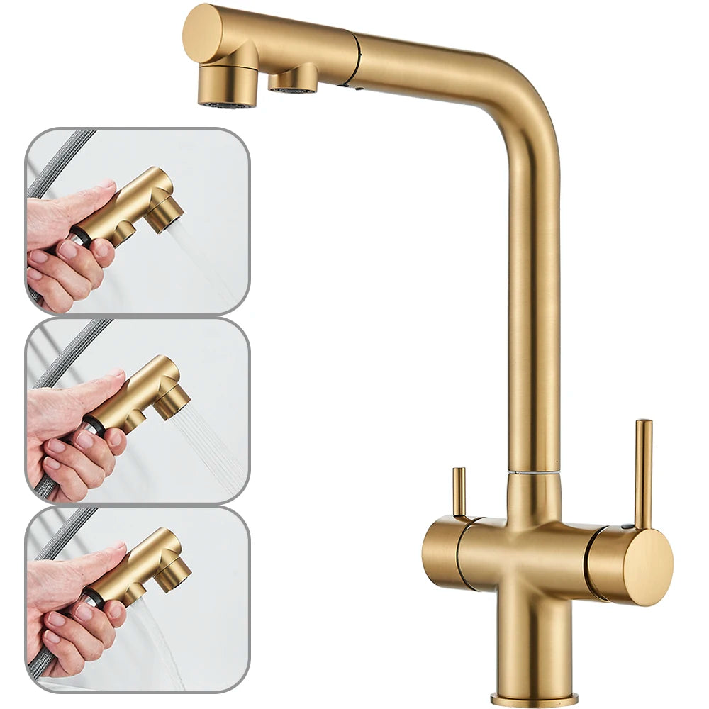 Filtered Kitchen Sink Faucet with Pull Down Sprayer 2 Handle 3 in 1 Water Filter Purifier Faucet Dual Sprayer Drinking Water Tap