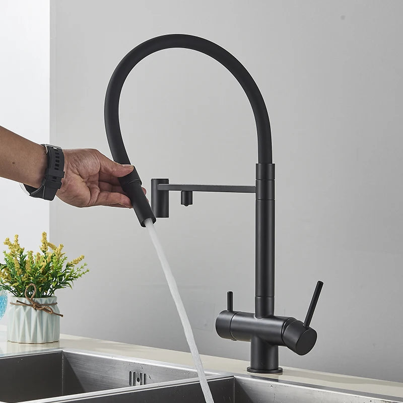 Black Filtered Kitchen Faucet Pull Out Spray Kitchen Purified Faucet 360 Rotation Filter Tap 3 Ways Sink Drink Water Faucet