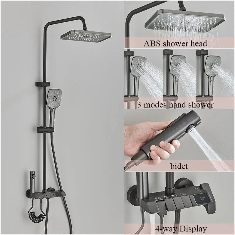 Brass Piano Smart Shower Faucet Set Bathroom Digital Display Shower Faucet Wall Mount Mixer Crane Shower Set With Bidet Sprayer