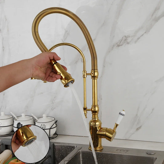 Golden Spring Pull Down Kitchen Sink Faucet Hot & Cold Mixer Crane Tap with Dual Spout Deck Mounted Hot Cold Faucets