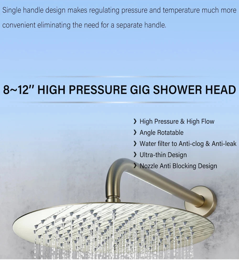 Smesiteli Shower System Set  Brushed Gold Wall Mount Bathroom Faucet Hidden Brass Hot Cold Valve Bath Shower Rain Shower Kit