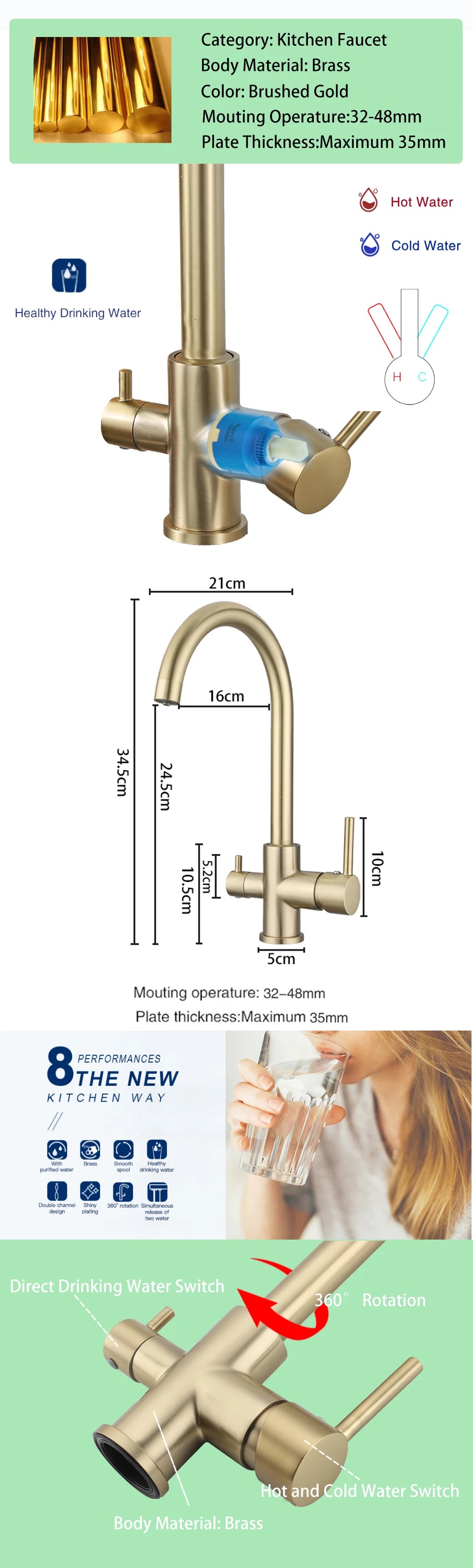 ULA Filtered Kitchen Faucet Gold Purifier Faucet Dual Sprayer Drinking Water Mixer Tap Nozzle Brass Kitchen Sink Mixer Torneira