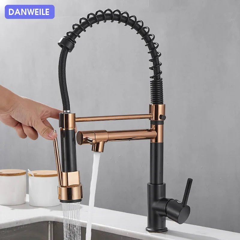 Black and Golden Brass Pulling Kitchen Sink Faucets Dual Outlet Water-Cold Hot Washing Basin Tap Deck Mounted Spring Mixer Taps