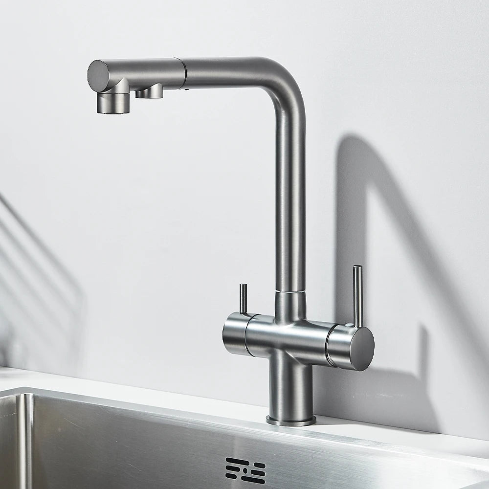Gold Filter Kitchen Faucets Dual Spout Pull Out Kitchen Sink Water Tap Hot Cold Purification Water Crane for Kitchen