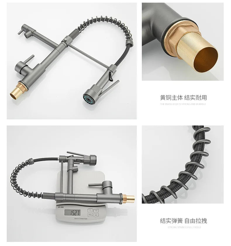 Black and Golden Brass Pulling Kitchen Sink Faucets Dual Outlet Water-Cold Hot Washing Basin Tap Deck Mounted Spring Mixer Taps