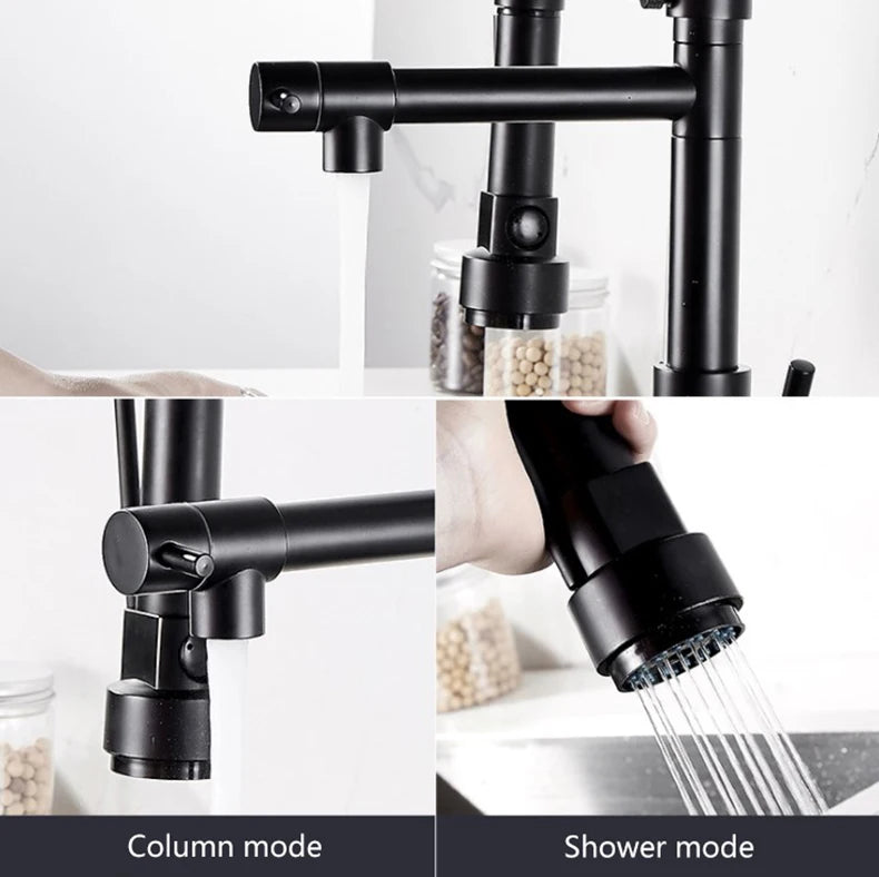 Black and Golden Brass Pulling Kitchen Sink Faucets Dual Outlet Water-Cold Hot Washing Basin Tap Deck Mounted Spring Mixer Taps