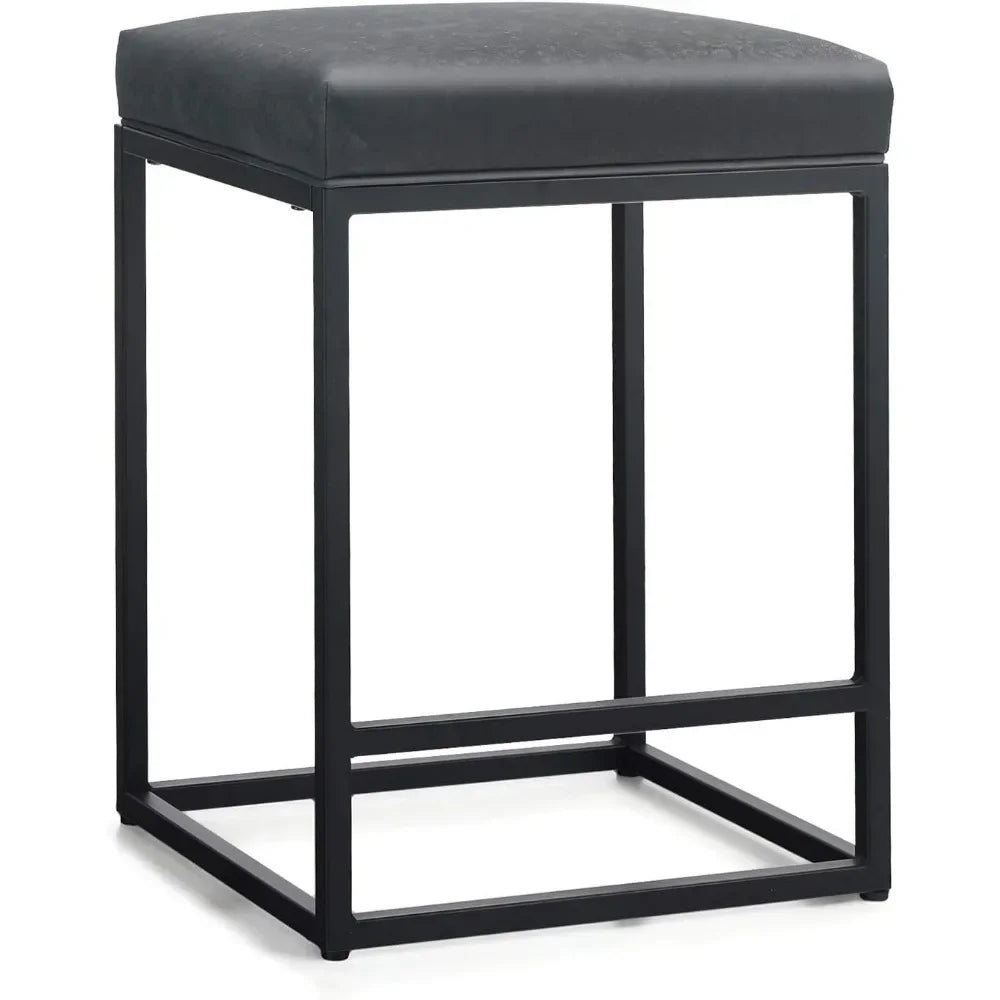 Black Counter Height 24" Bar Stools Kitchen Counter Backless Modern Square Barstools Upholstered Faux Leather Stools