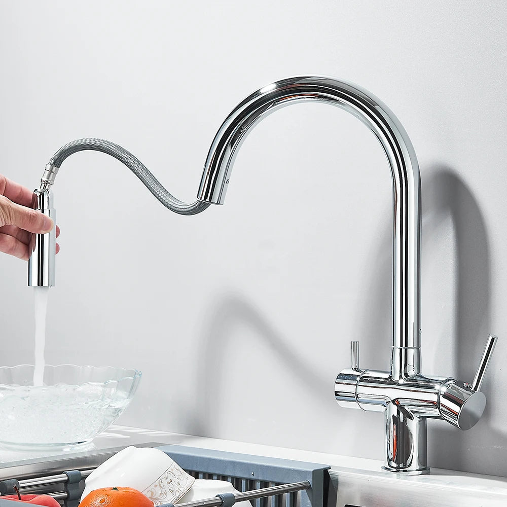 Filtered Kitchen Sink Faucet With Retractable Sprayer Brass Water Filter Tap Drinking Water Tap Vessel Sink Mixer For Kitchen