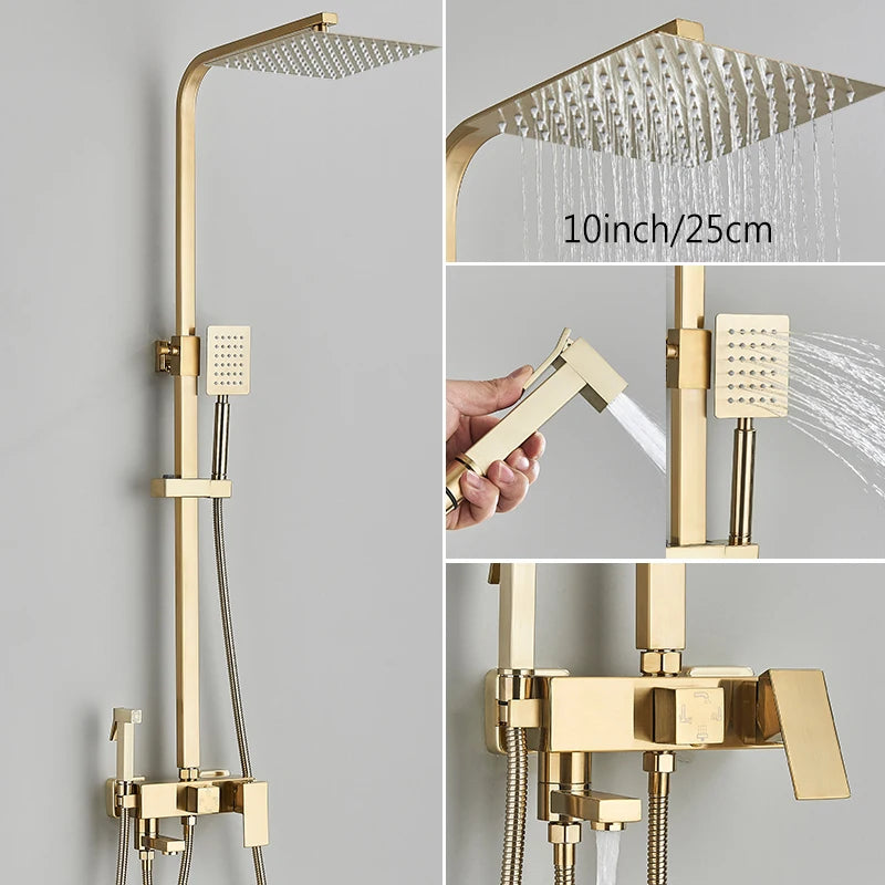 Brushed Golden Shower Faucet Bathroom Rainfall Shower Set Wall Mount