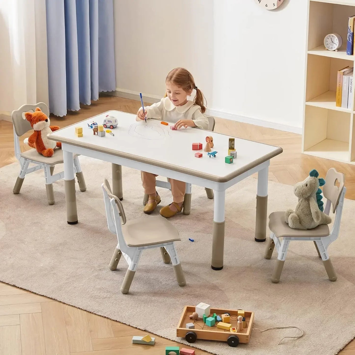 Modern White + Natural Wood Toddler Table and Chairs Set for 4