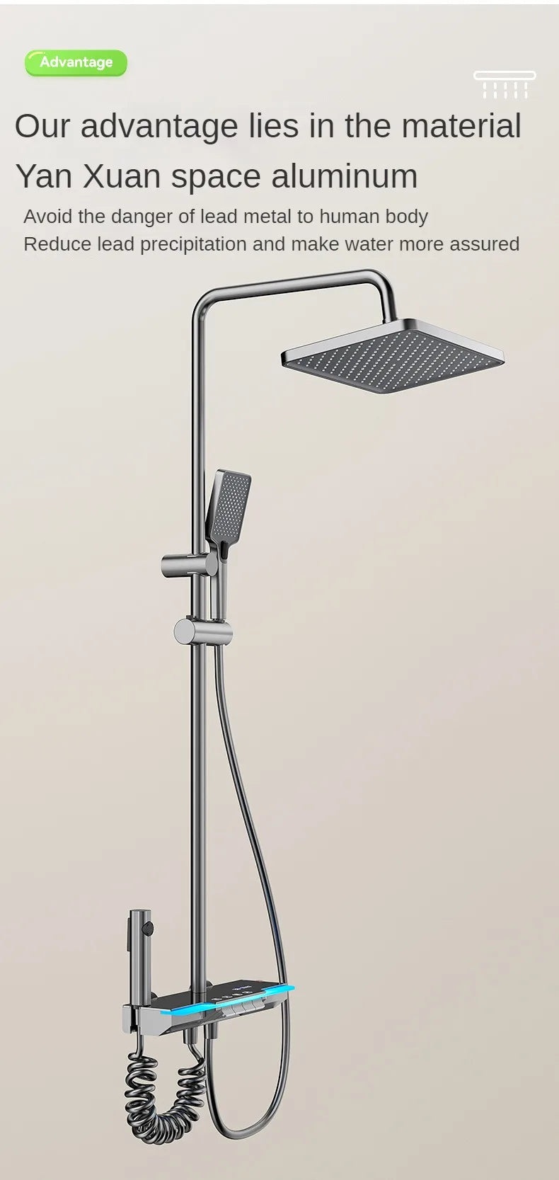 Smart Temperature Digital Display Luxury Shower System Bathroom Wall Mount Piano Key 4 Function Water Outlet Shower Faucet Set