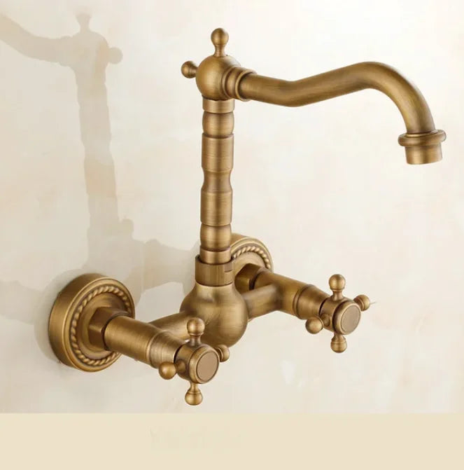 Antique brass ceramic into the wall faucet bathroom washbasin basin wall mount double handle cold and hot water faucet
