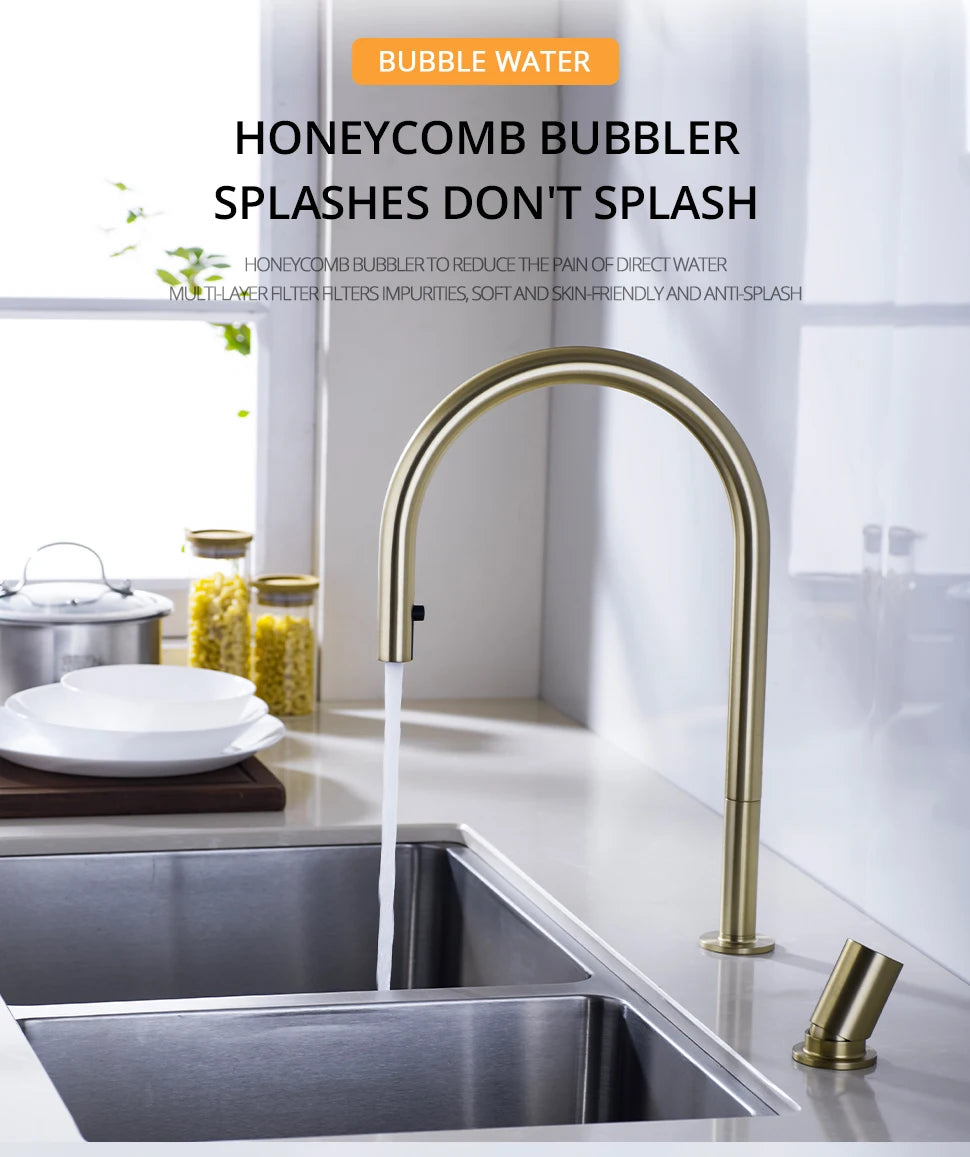 Brushed Gold Kitchen Faucet Invisible Pull Out Spray Mixer Double Hole Single Handle Solid Brass Hot and Cold Separate Sink Tap