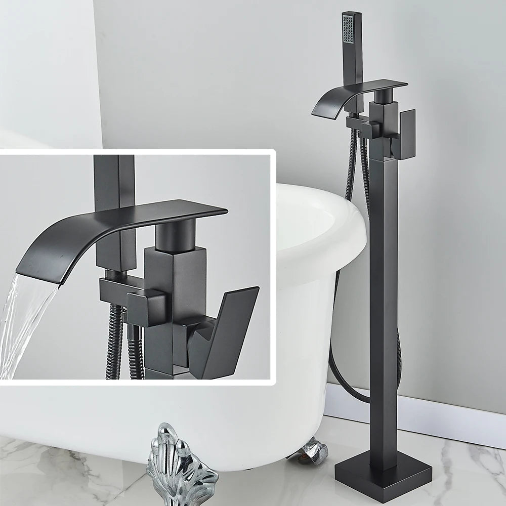 Floor Standing Faucet Bathtub Shower Floor Mounted Tub Filler Faucet Brass Bathroom Tub Faucets with Hand Shower