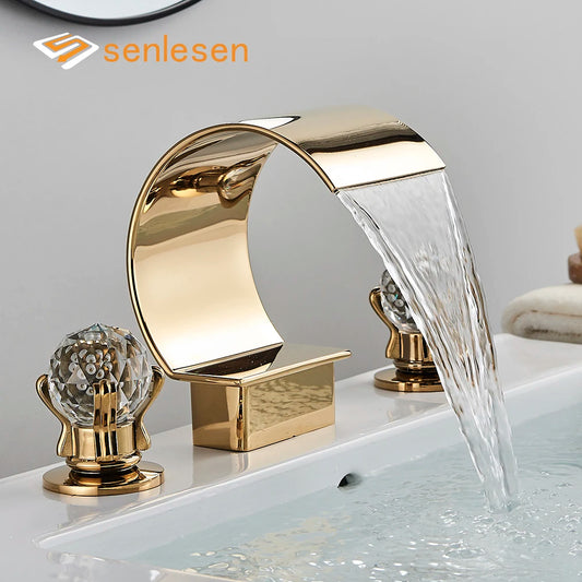 Senlesen Luxury Golden Waterfall Basin Faucet Brass Deck Mounted Crystal Double Handle Bathroom Bathtub Tap Hot Cold Mixer Crane