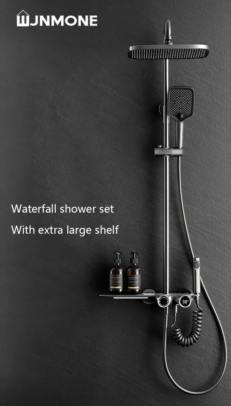 Wall-Mounted Waterfall Shelf Bathroom Mixer Faucet Digital Display Shower Set,Copper Bathroom Showers Sets Bathroom Accessories