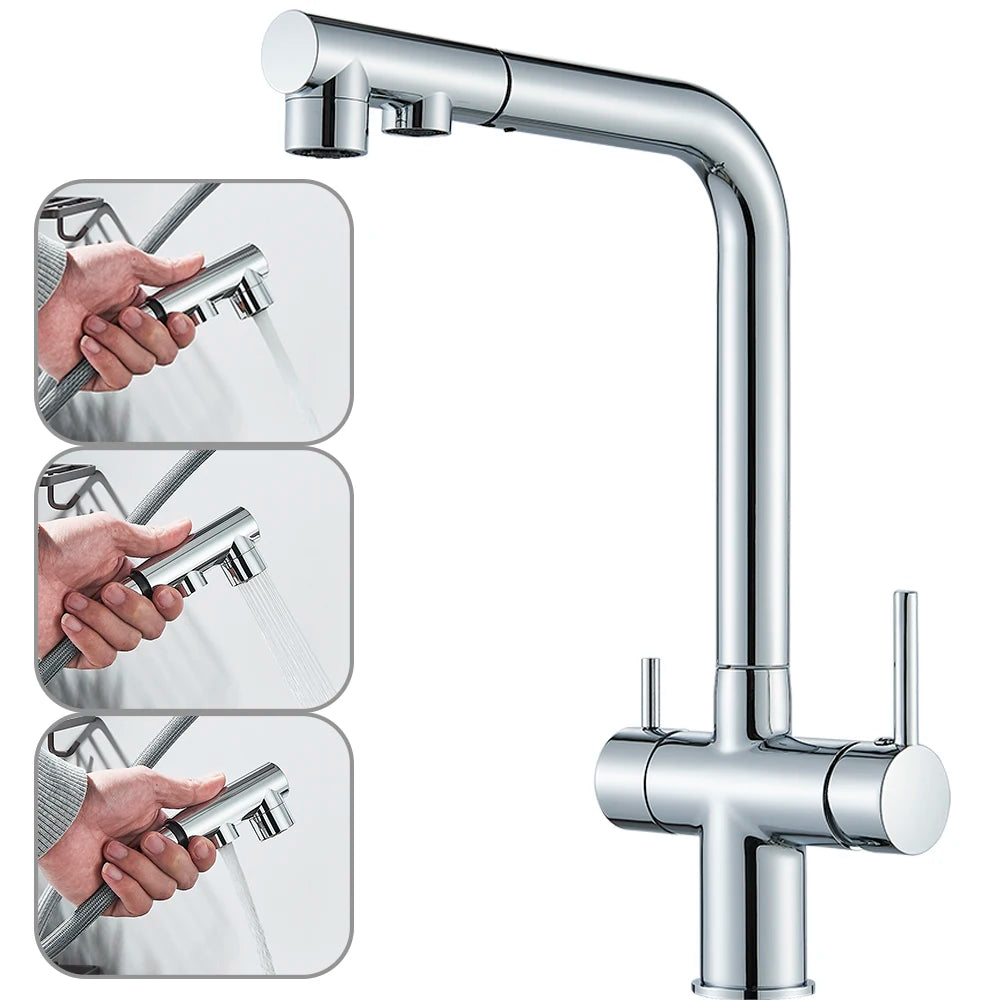 Filtered Kitchen Sink Faucet with Pull Down Sprayer 2 Handle 3 in 1 Water Filter Purifier Faucet Dual Sprayer Drinking Water Tap