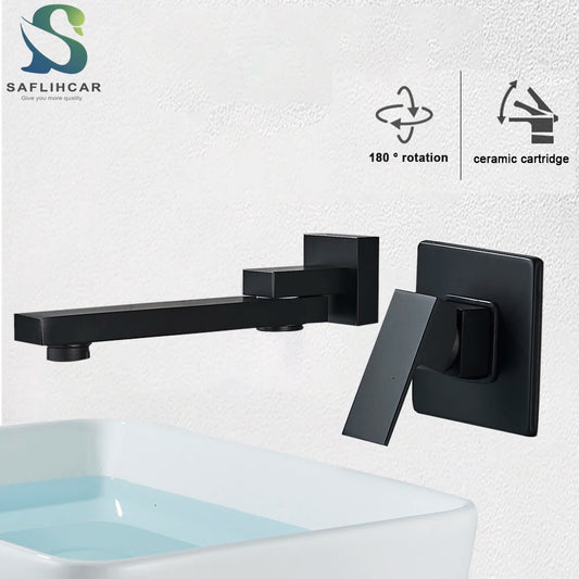 Matte Black Rotate Spout Basin Faucet Wall Mounted Bathroom Hot & Cold Water Mixer Tap Concealed Install Washing Crane Faucets