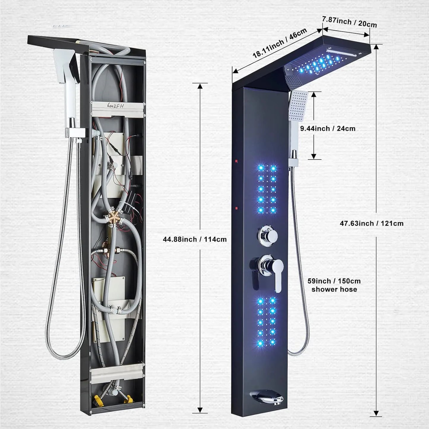 OUIO Brush LED Shower Panel Column Shower Faucet Bathtub Mixer Tap With Massage Body Spa Hand Shower Temperature Screen Set