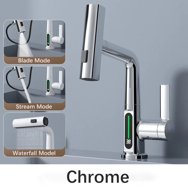 Waterfall Pull Out Kitchen Faucet White Intelligent Digital Display Cold Hot Mixer Taps Rotatable Sink Lifting Basin Faucet