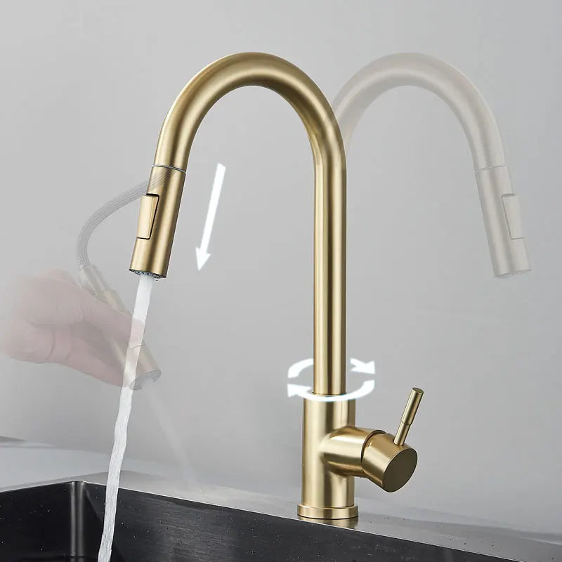 FMHJFISD Kitchen Faucet Brushed Gold Pull Out Kitchen Sink Water Tap Single Handle Mixer Tap 360 Rotation Kitchen Shower Faucet