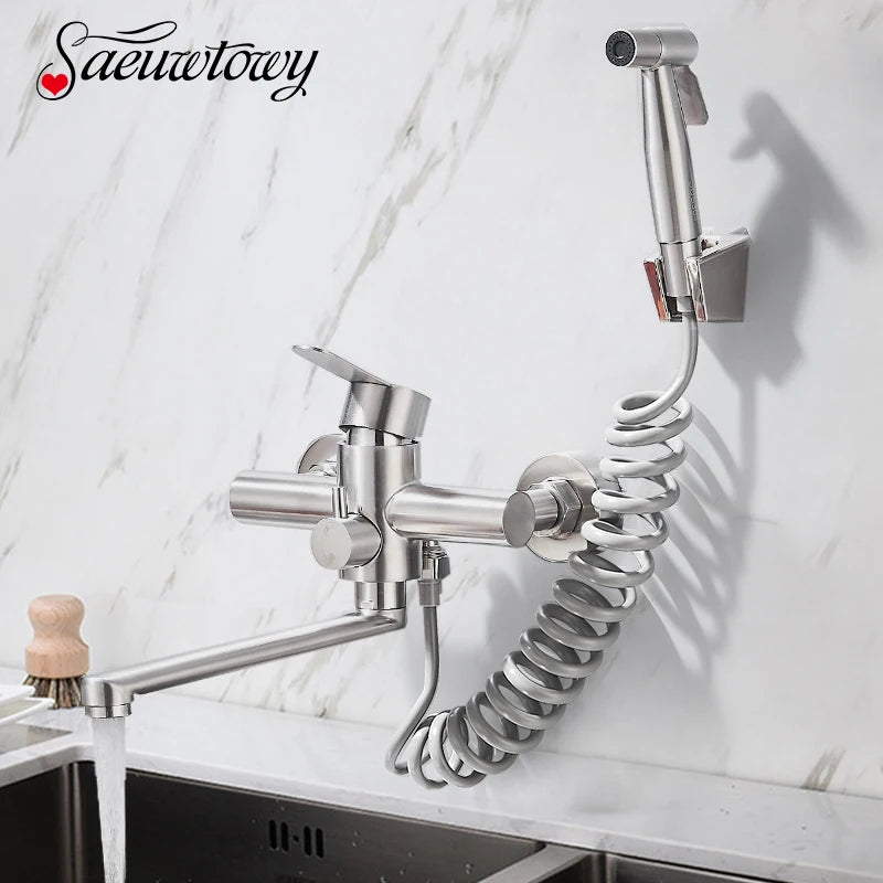 Wall Mount Kitchen Faucet Stainless Steel 360 Rotate Spout Bathroom Basin Faucet Hot and Cold Water Dual Hole with Sprayer Head