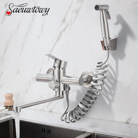 Wall Mount Kitchen Faucet Stainless Steel 360 Rotate Spout Bathroom Basin Faucet Hot and Cold Water Dual Hole with Sprayer Head