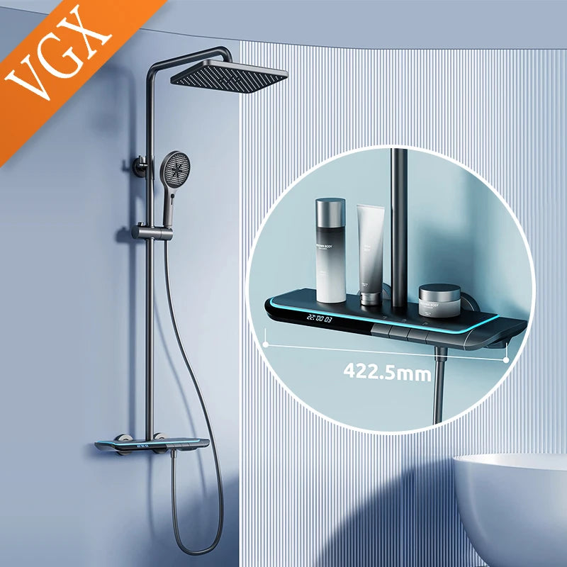 VGX Thermostatic Shower System Set Smart Digital Bathroom Shower Faucet Set Temperature Display Rainlfall Bathroom Shower Set